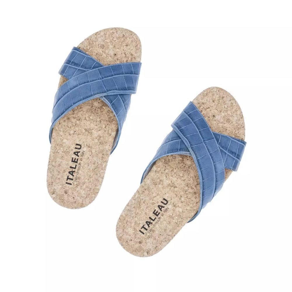 Italeau Womens Morena Croc Embossed Waterproof Slide Sandal Atlantic Blue Sz 7.5